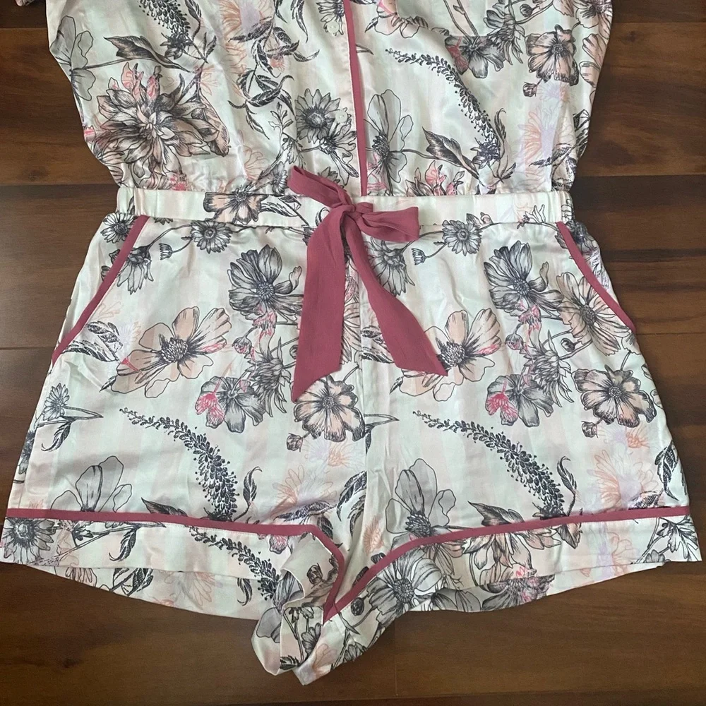 Victoria's Secret White Floral Pajama Romper with Pink Trim